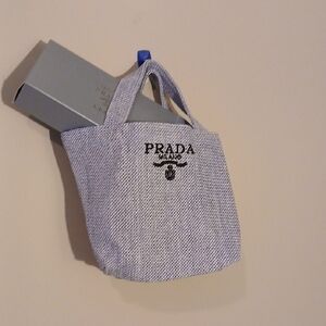 Prada Small Woven Tote in Light Gray with Black Logo